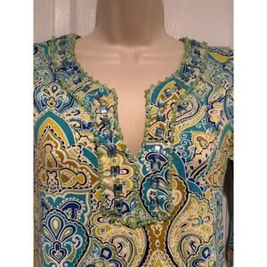 Joyous‎ & Free Tunic Top S Blue Green Paisley Boho Stretch Beach Chic Coastal
